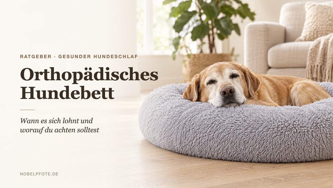 Älterer Labrador liegt entspannt in einem grauen orthopädischen Hundebett und legt den Kopf auf den Rand